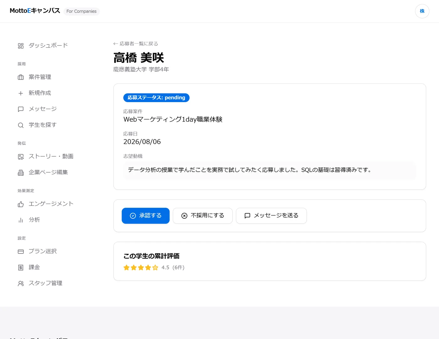 応募者詳細画面。承認する、不採用にする、メッセージを送るのボタン